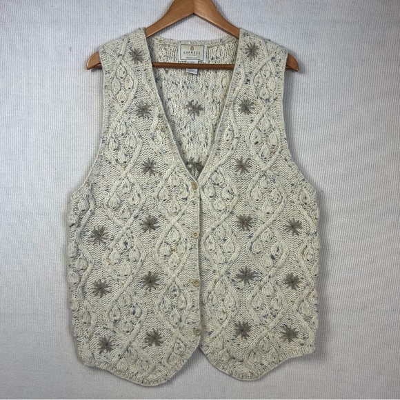 Vintage Express Tricot Handknit Sweater Vest Cream Angora Wool Blend Size Large - Picture 1 of 10